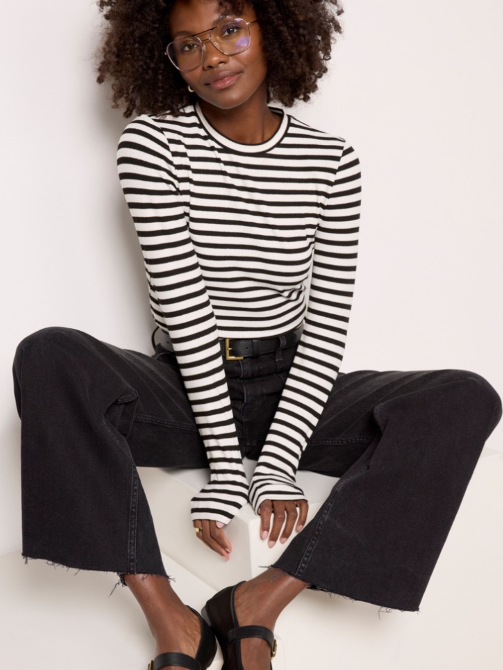 LNA Rilo Lurex Stripe Top - Black & White